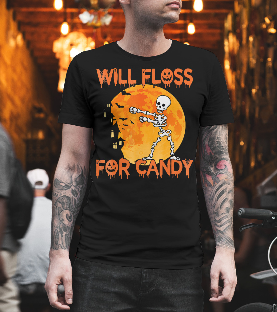 Will Floss For Candy Dancing Skeleton Halloween Moon Bats T-Shirt