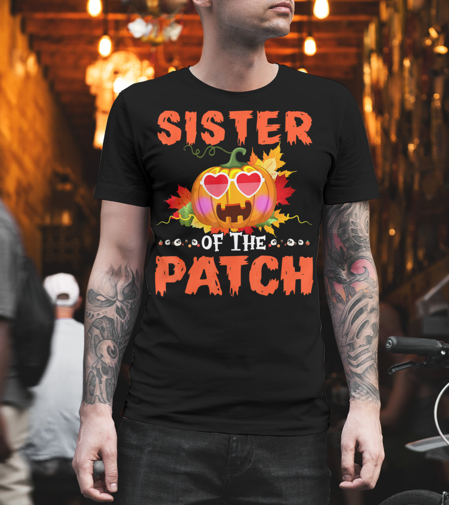 Sister of The Patch Pumpkin Halloween Co Hearts Leaves Skulls T-Shirt