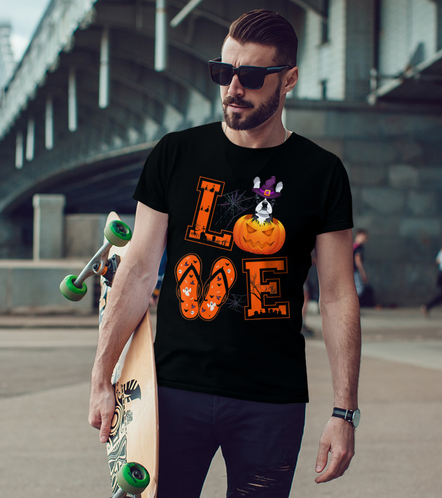 LOVE French Bulldog Pumpkin Halloween Ghosts Spider Webs T-Shirt