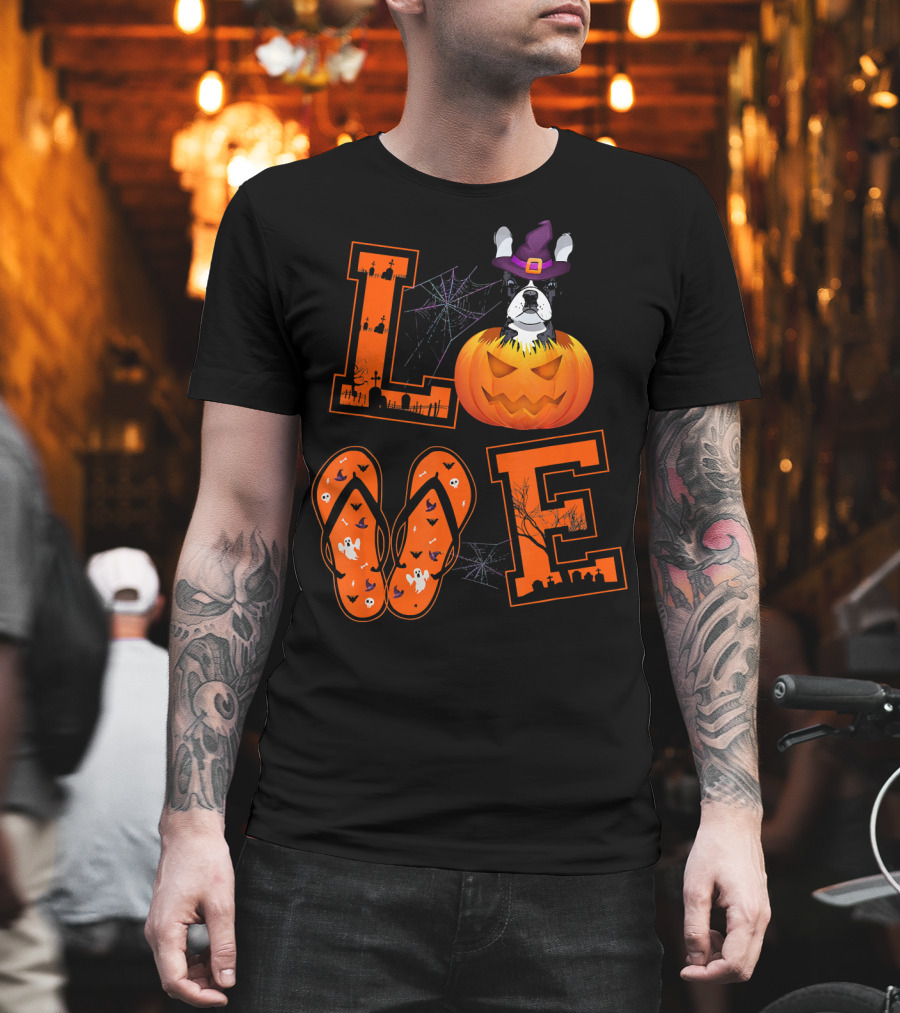 LOVE French Bulldog Pumpkin Halloween Ghosts Spider Webs T-Shirt