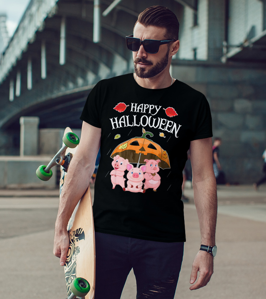 Happy Halloween Pigs Under Jack-o'-Lantern Umbrella T-Shirt
