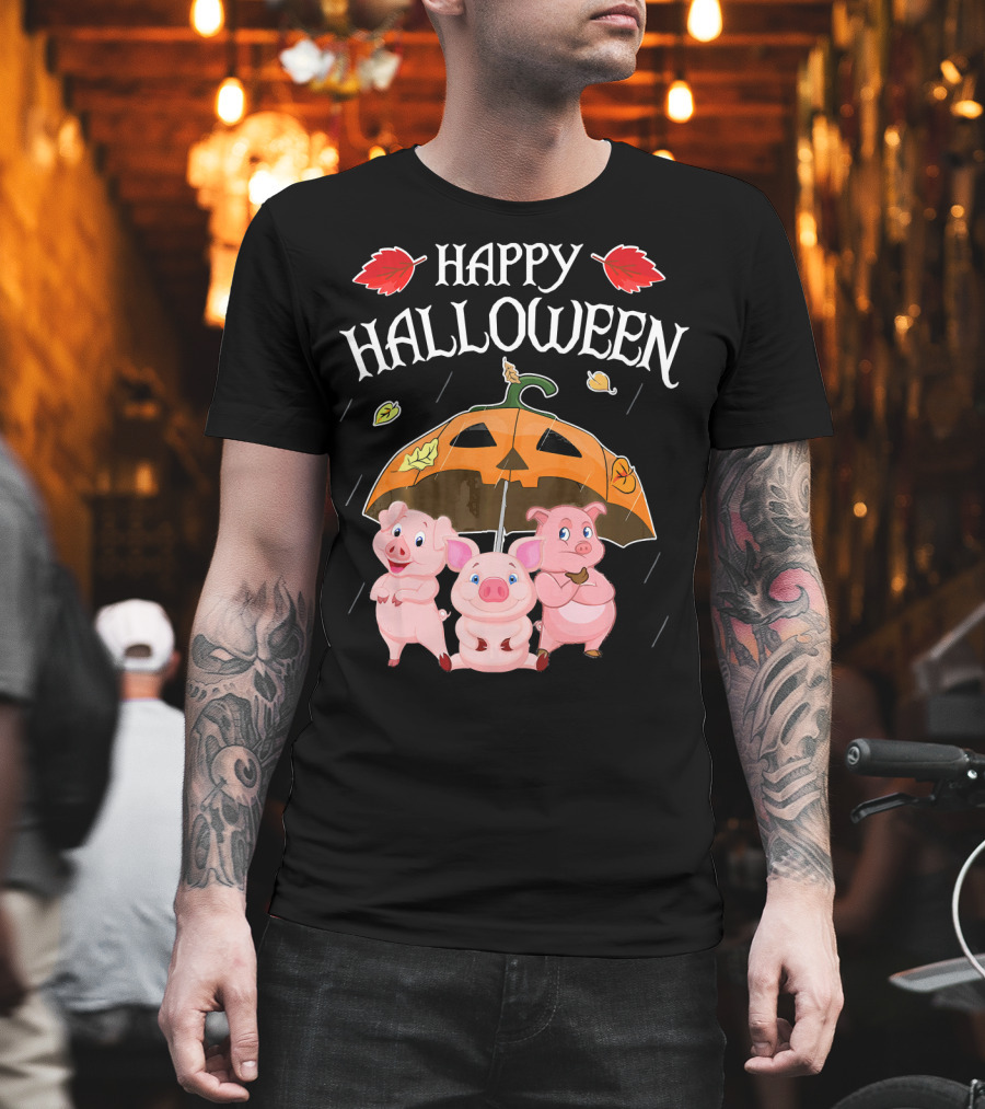 Happy Halloween Pigs Under Jack-o'-Lantern Umbrella T-Shirt