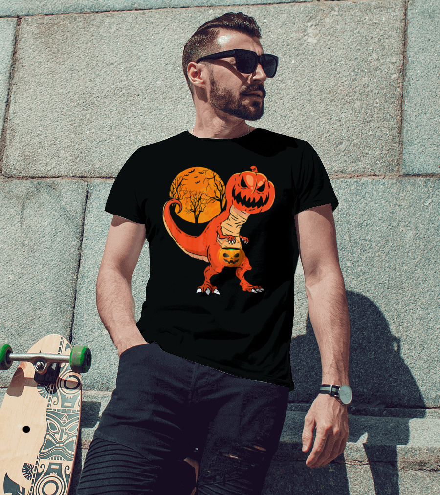 Funny Halloween Dinosaur Pumpkin Head Tree Shadow T-Shirt