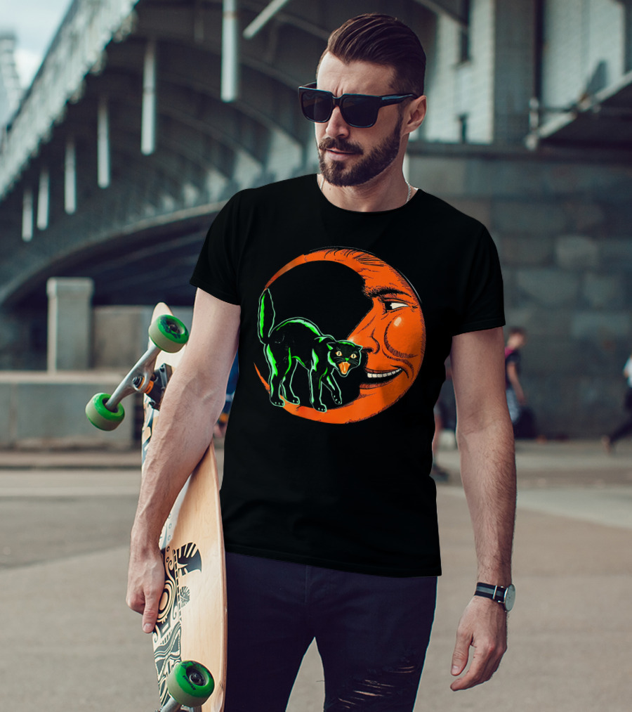 Vintage Halloween Beistle Cat On Crescent Moon T-Shirt
