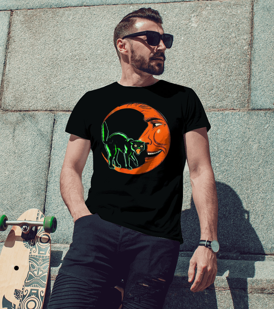 Vintage Halloween Beistle Cat On Crescent Moon T-Shirt