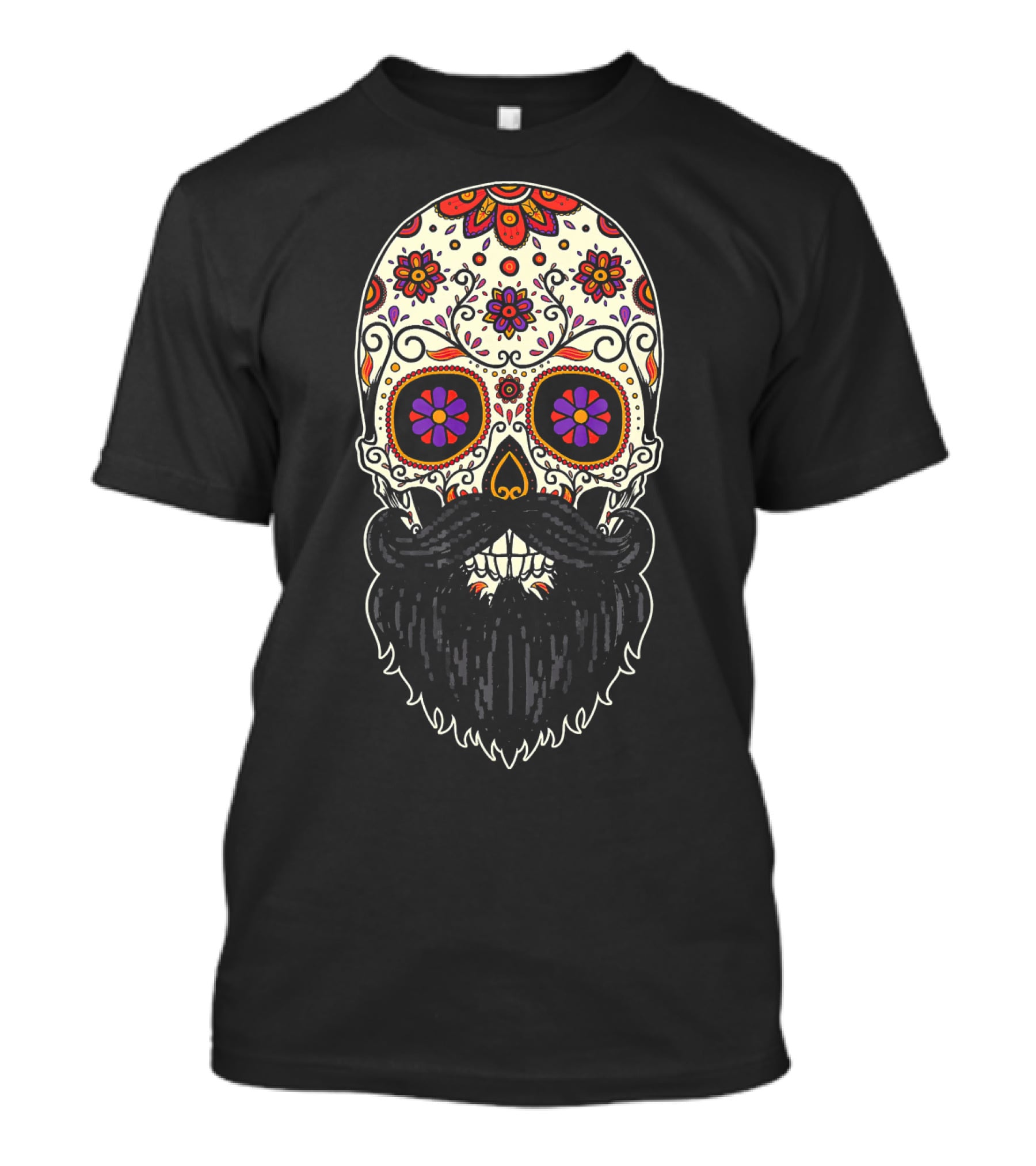 Beard Sugar Skull Floral Pattern Día De Los Muertos T-Shirt