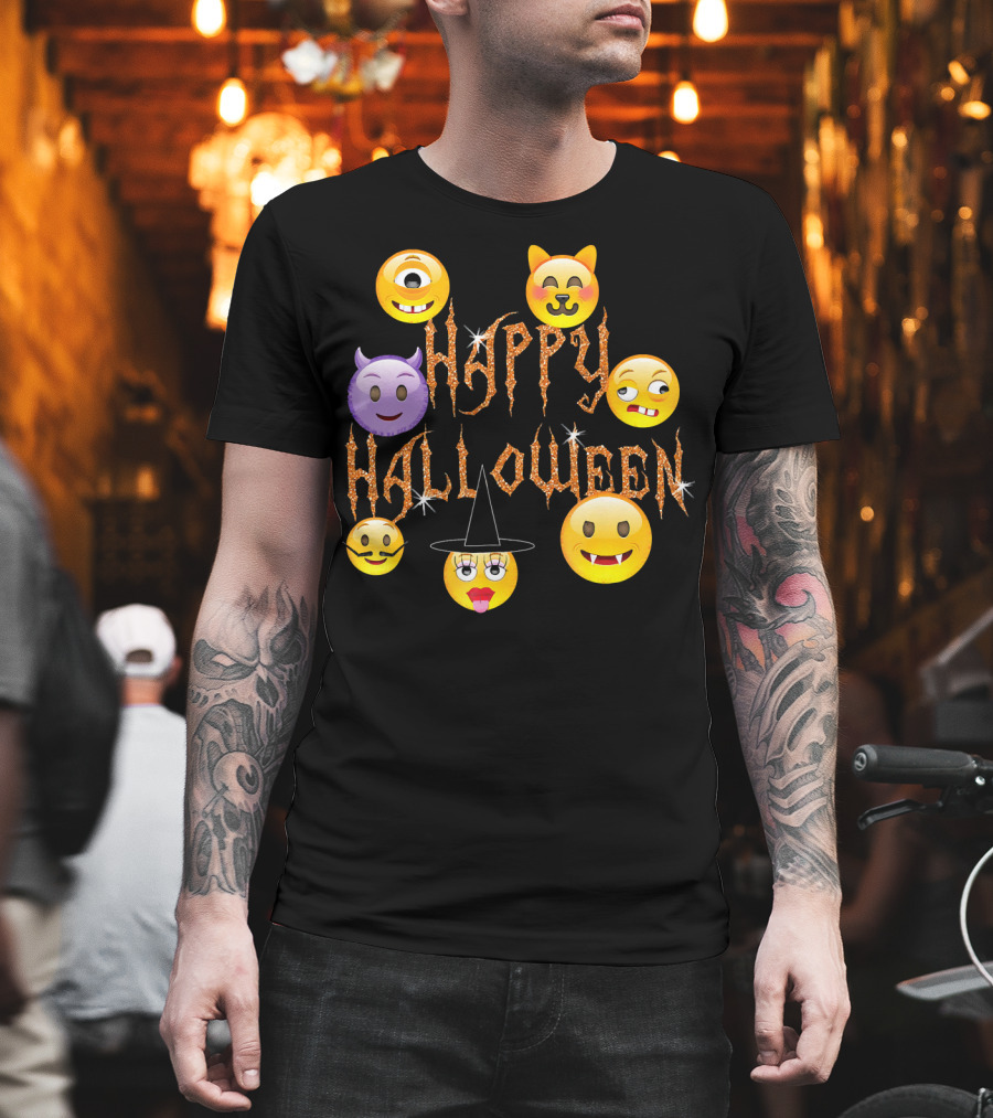 Happy Halloween Emoji Faces Devil Cat Vampire Witch Pumpkin Monster Cyclops T-Shirt