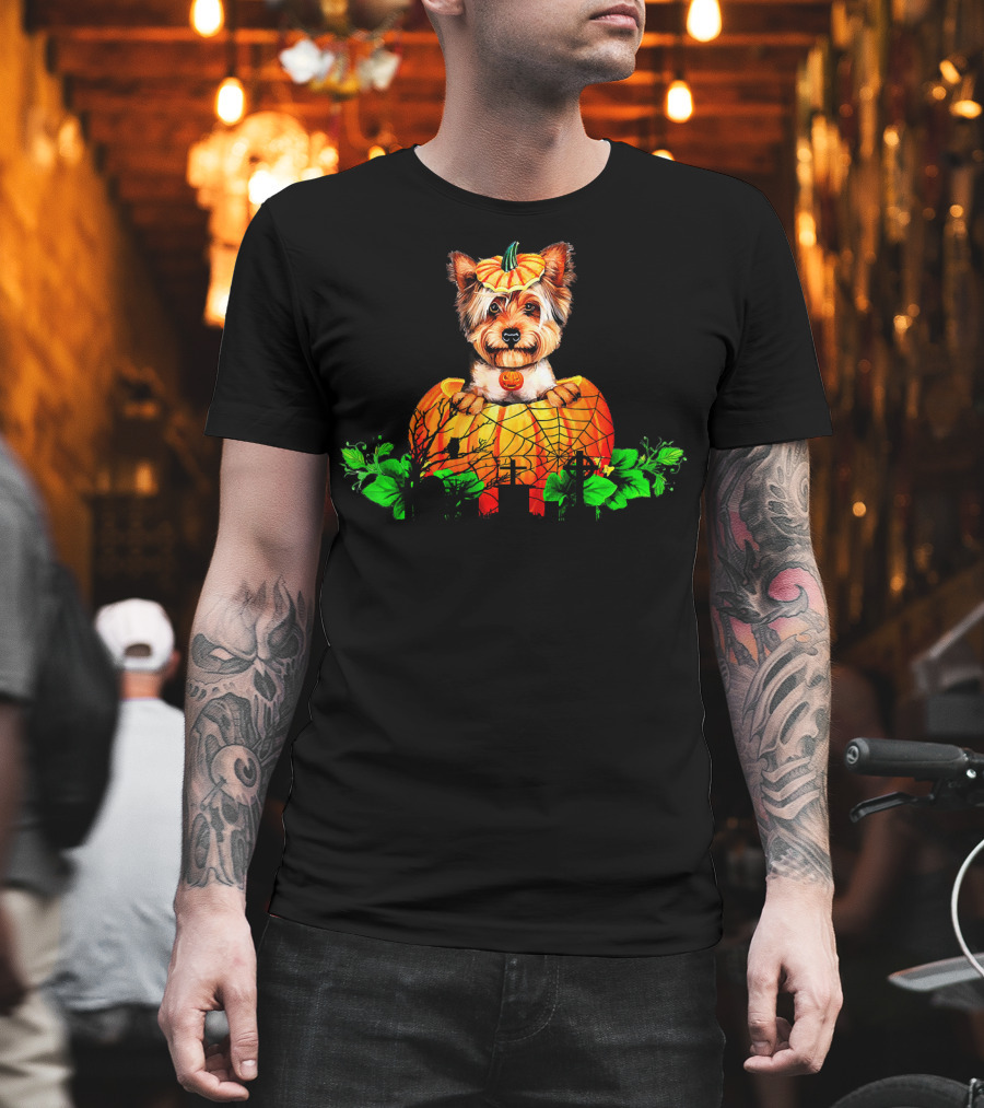Yorkie Puppy With Pumpkin And Green Leaves Halloween T-Shirt