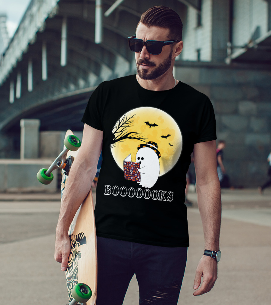 Booooooks Boo Ghost Reading Under The Full Moon Halloween T-Shirt