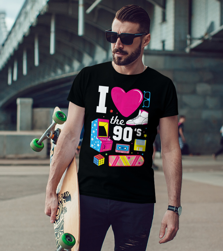 I Love The 90s Retro Arcade Cassette Sneaker Skateboard Rubik's Cube Floppy Disk T-Shirt