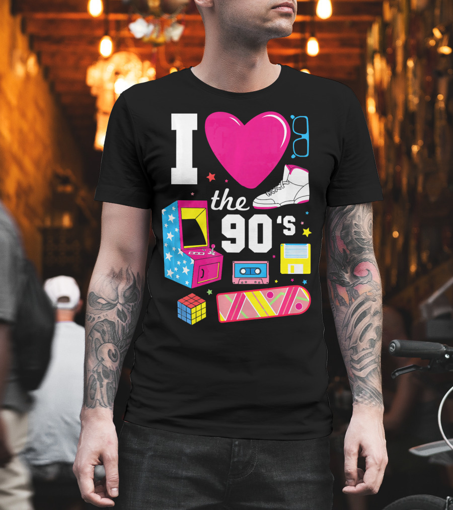 I Love The 90s Retro Arcade Cassette Sneaker Skateboard Rubik's Cube Floppy Disk T-Shirt