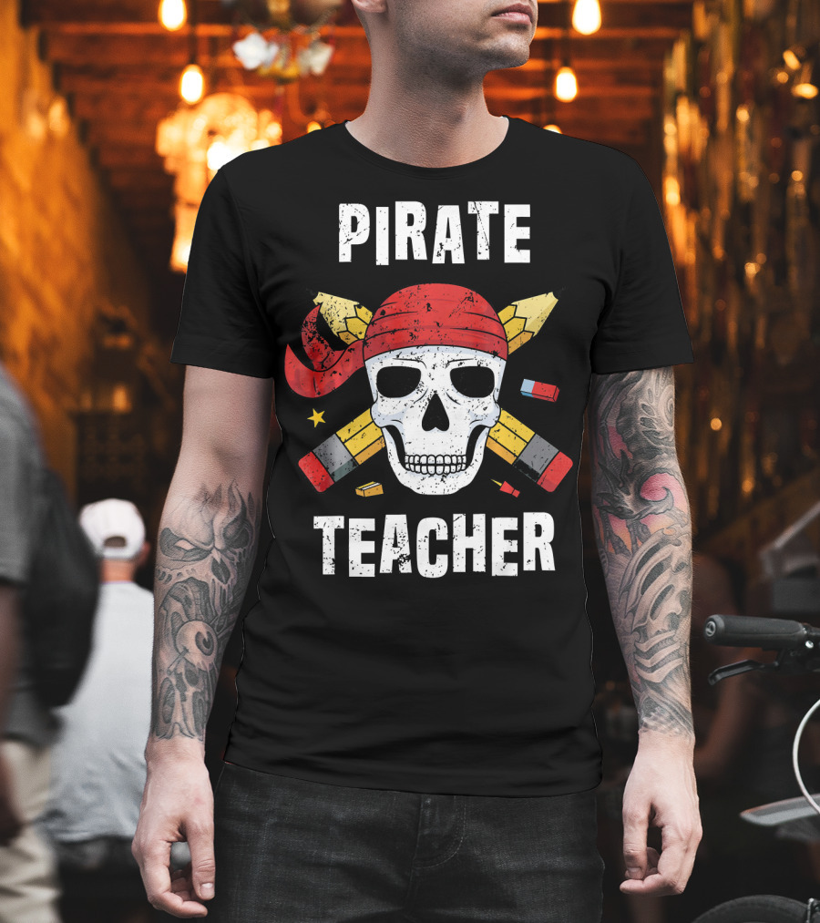 Pirate Teacher Skull With Pencils And Bandana T-Shirt
