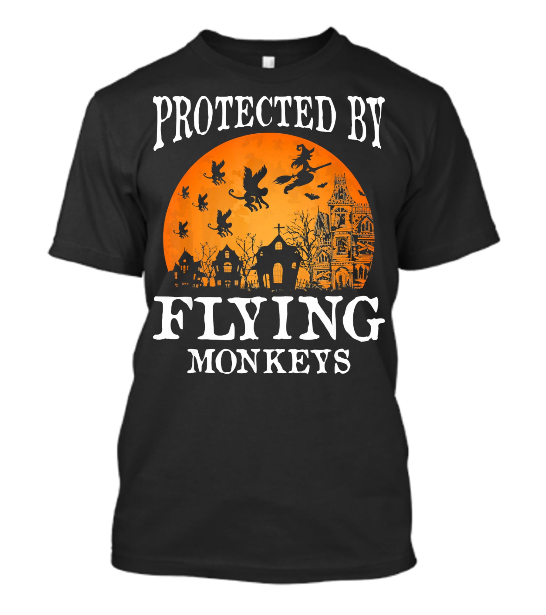 Protected By Flying Monkeys Halloween Witch Silhouette Orange Moon Mansion Scene T-Shirt