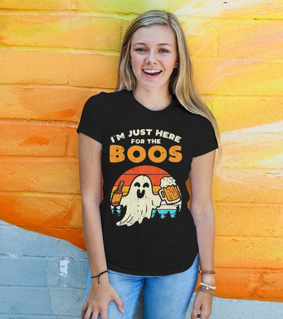 I'm Just Here For The Boos Retro Ghost With Drink And Bee T-Shirt