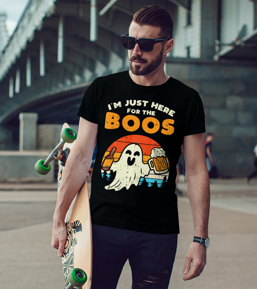 I'm Just Here For The Boos Retro Ghost With Drink And Bee T-Shirt