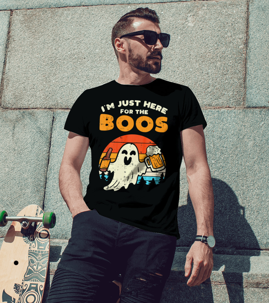 I'm Just Here For The Boos Retro Ghost With Drink And Bee T-Shirt