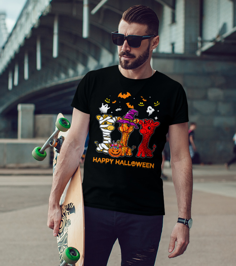 Giraffe Trio In Halloween Costumes With Ghosts And Pumpkin Candy Happy Halloween Cute Mum T-Shirt