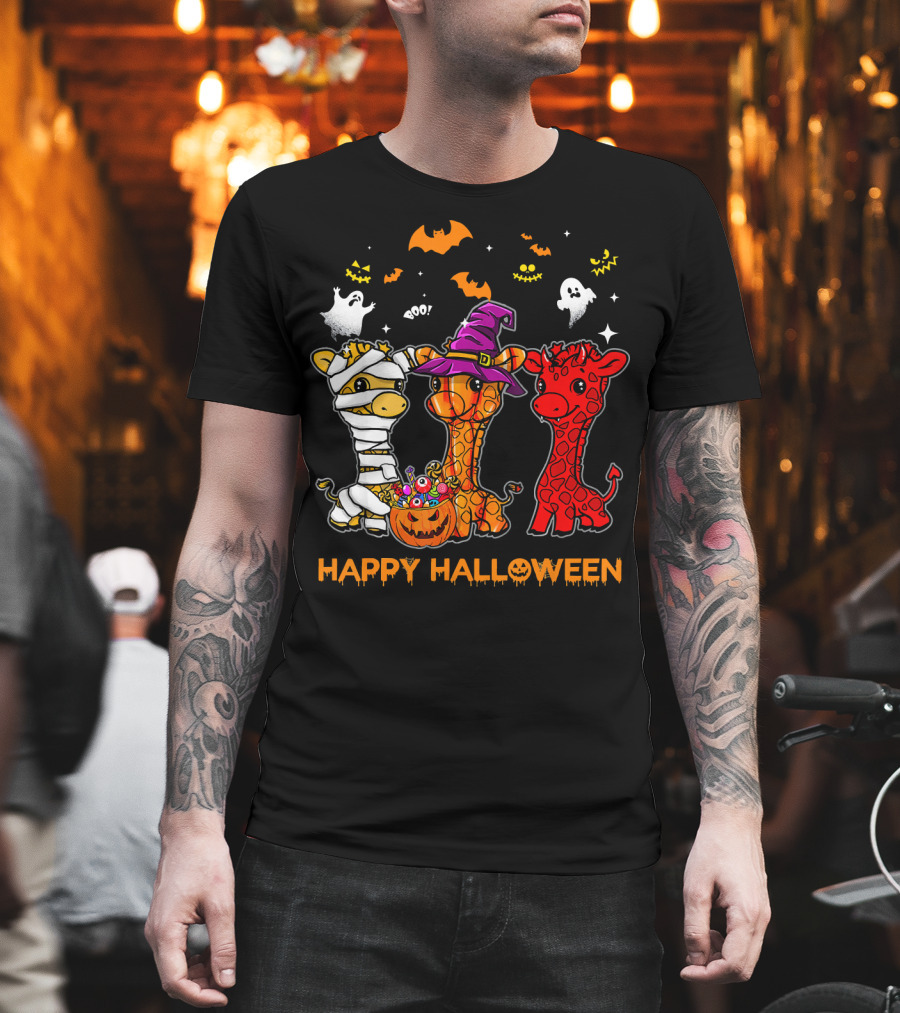Giraffe Trio In Halloween Costumes With Ghosts And Pumpkin Candy Happy Halloween Cute Mum T-Shirt