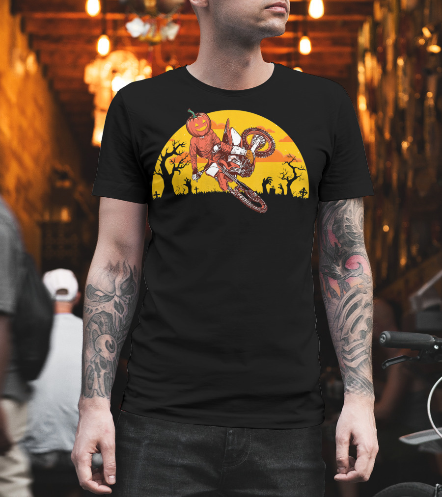 Halloween Pumpkin Head Motocross Trick with Haunted Trees and Sunset T-Shirt