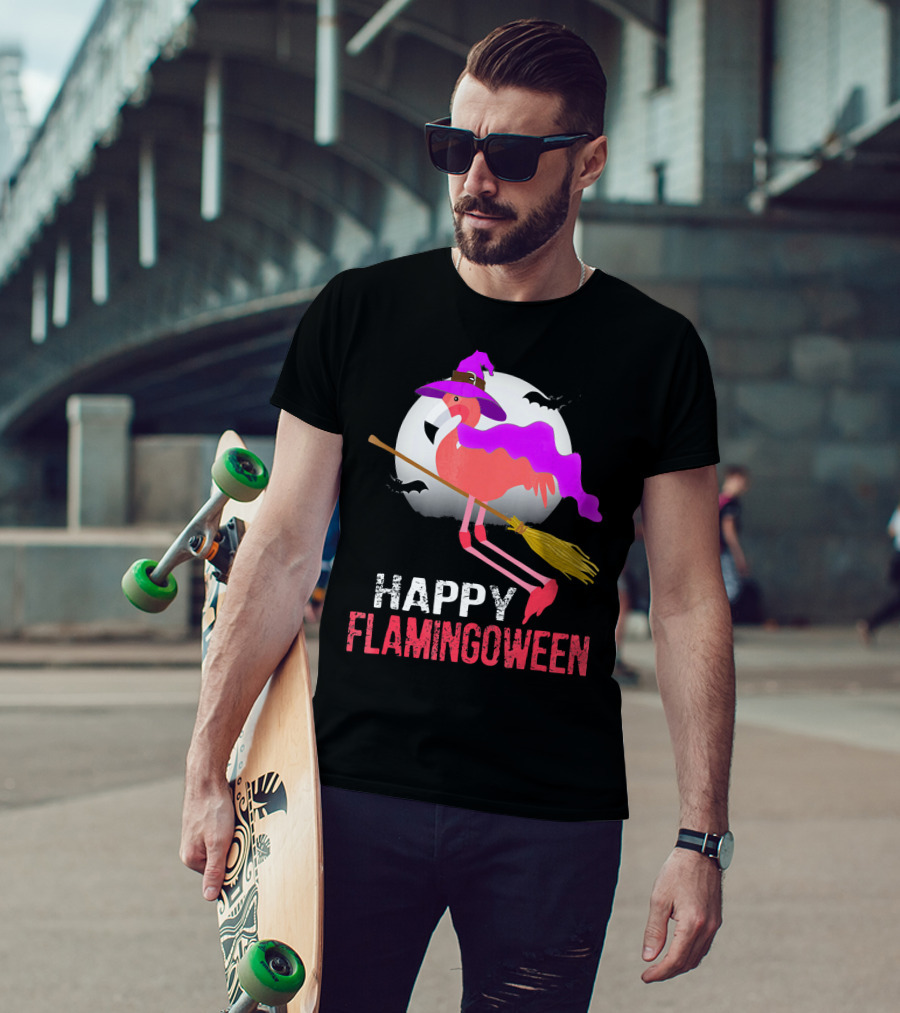 Happy Flamingoween Witch With Flamingo On Broomstick T-Shirt