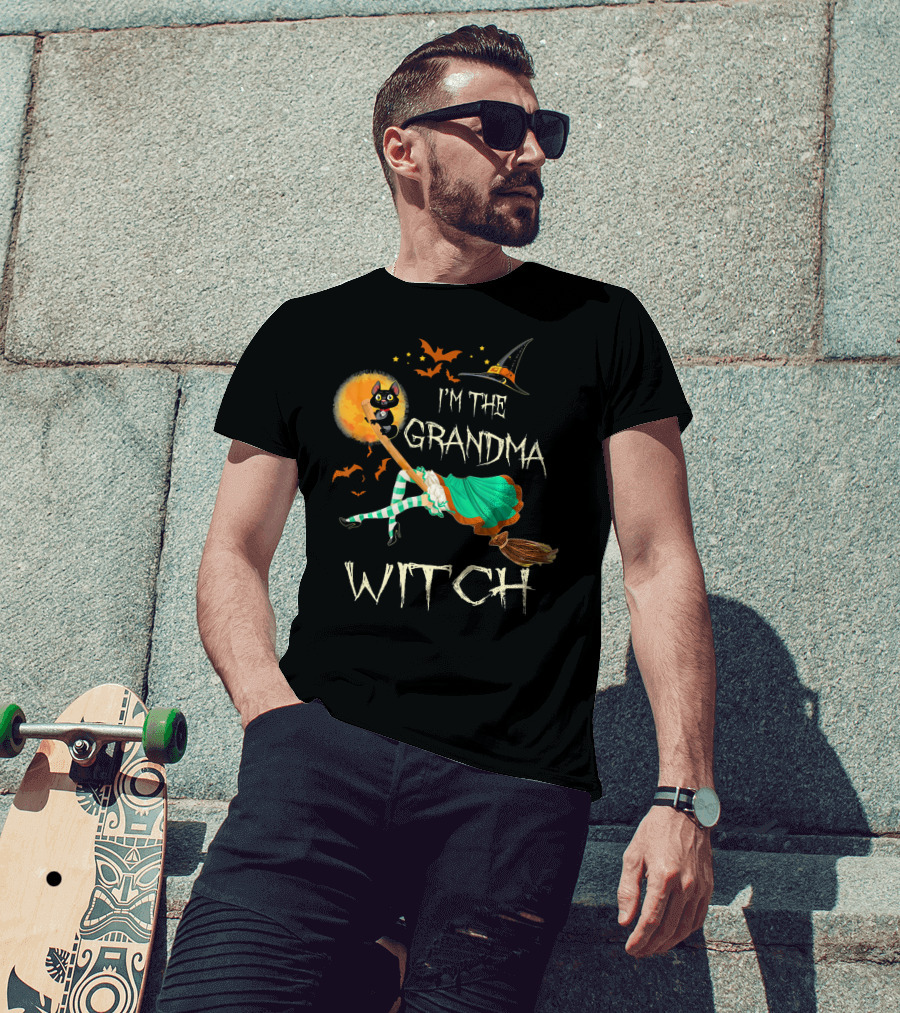I'm The Grandma Witch Broomstick Flying Black Cat Halloween Bats T-Shirt