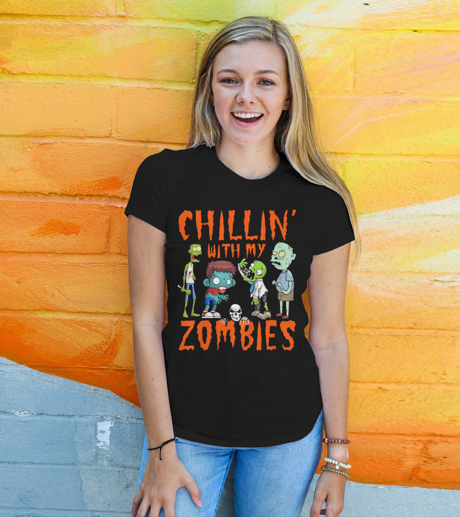 CHILLIN' WITH MY ZOMBIES Kids Halloween Fun T-Shirt