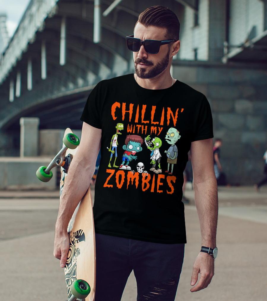 CHILLIN' WITH MY ZOMBIES Kids Halloween Fun T-Shirt