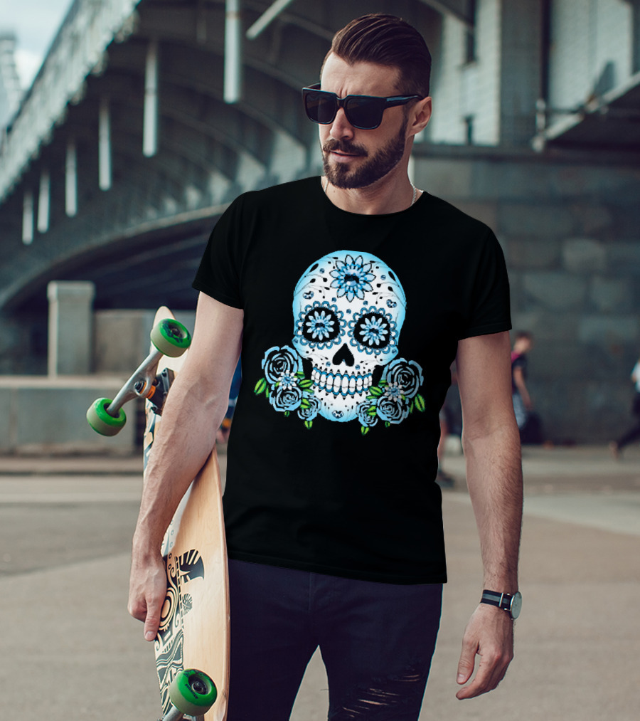 Blue Flowers Sugar Skull Día De Los Muertos Roses T-Shirt