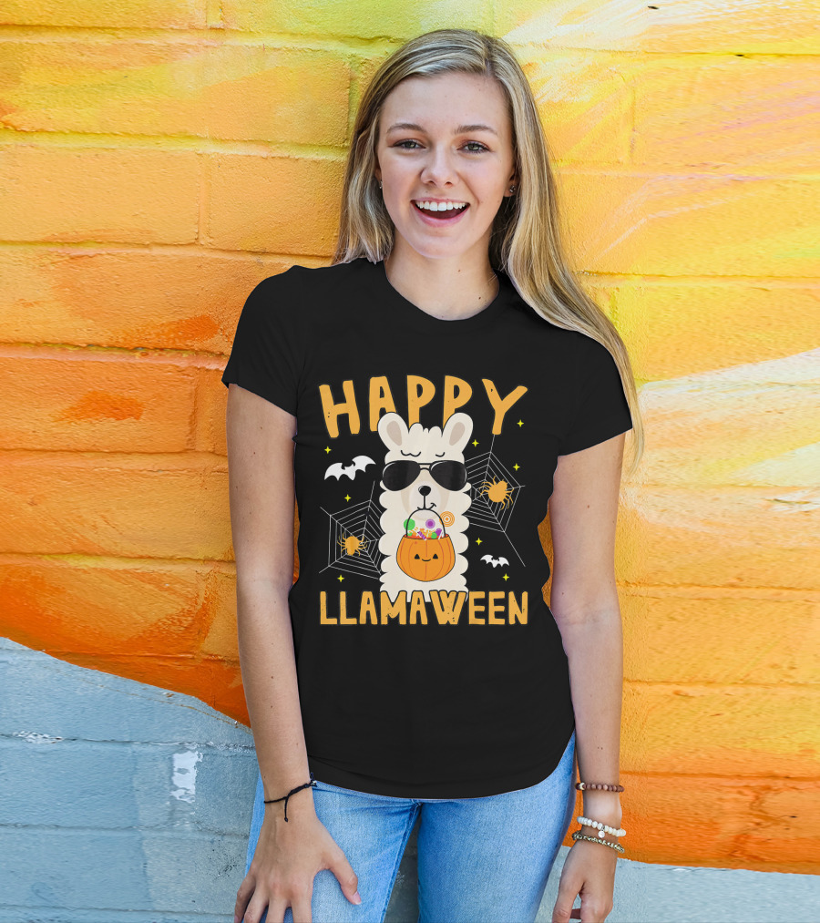 Happy Llamaween Halloween Llama With Sunglasses And Candy Basket T-Shirt