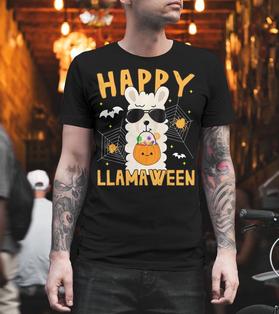 Happy Llamaween Halloween Llama with Sunglasses and Candy Basket T-Shirt