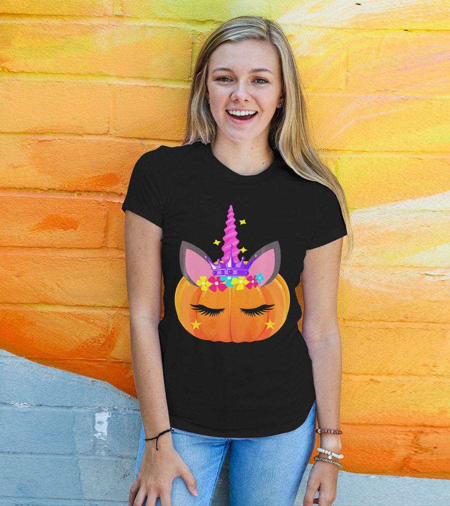 Halloween Pumpkin Unicorn With Floral Crown And Stars T-Shirt