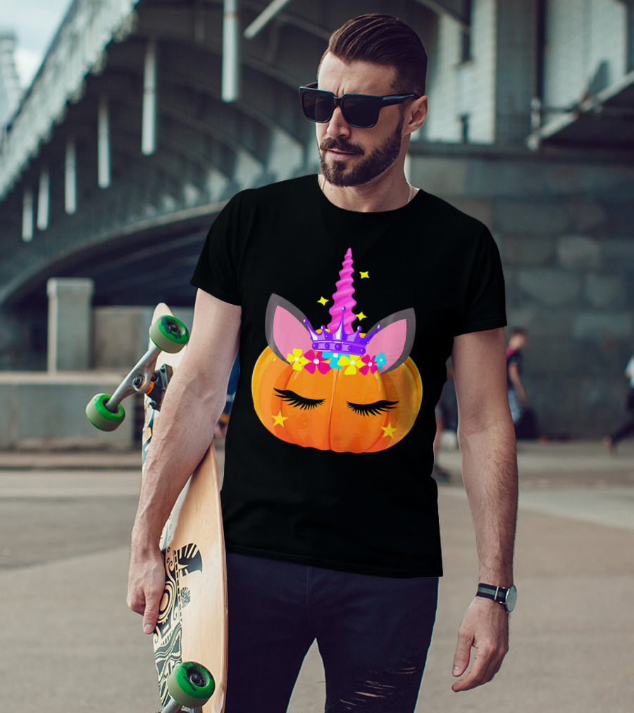 Halloween Pumpkin Unicorn With Floral Crown And Stars T-Shirt