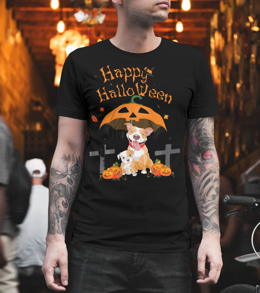 Happy Halloween Pumpkin Pitbulls with Jack O'Lantern and Crosses T-Shirt