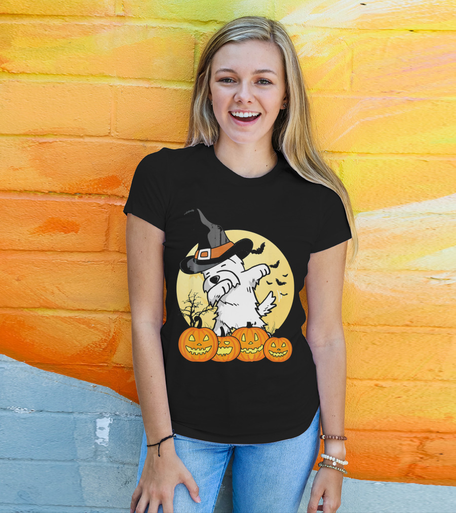 Funny Dabbing Westie Witch With Pumpkins And Bats Halloween Dog Dance T-Shirt