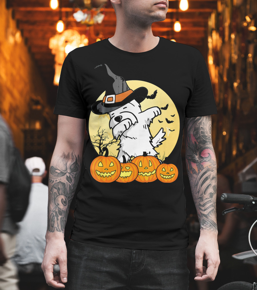 Funny Dabbing Westie Witch With Pumpkins And Bats Halloween Dog Dance T-Shirt