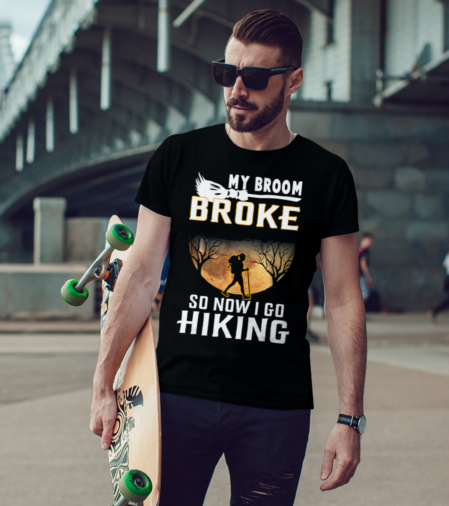 My Broom Broke So Now I Go Hiking Full Moon Silhouette Adventure T-Shirt