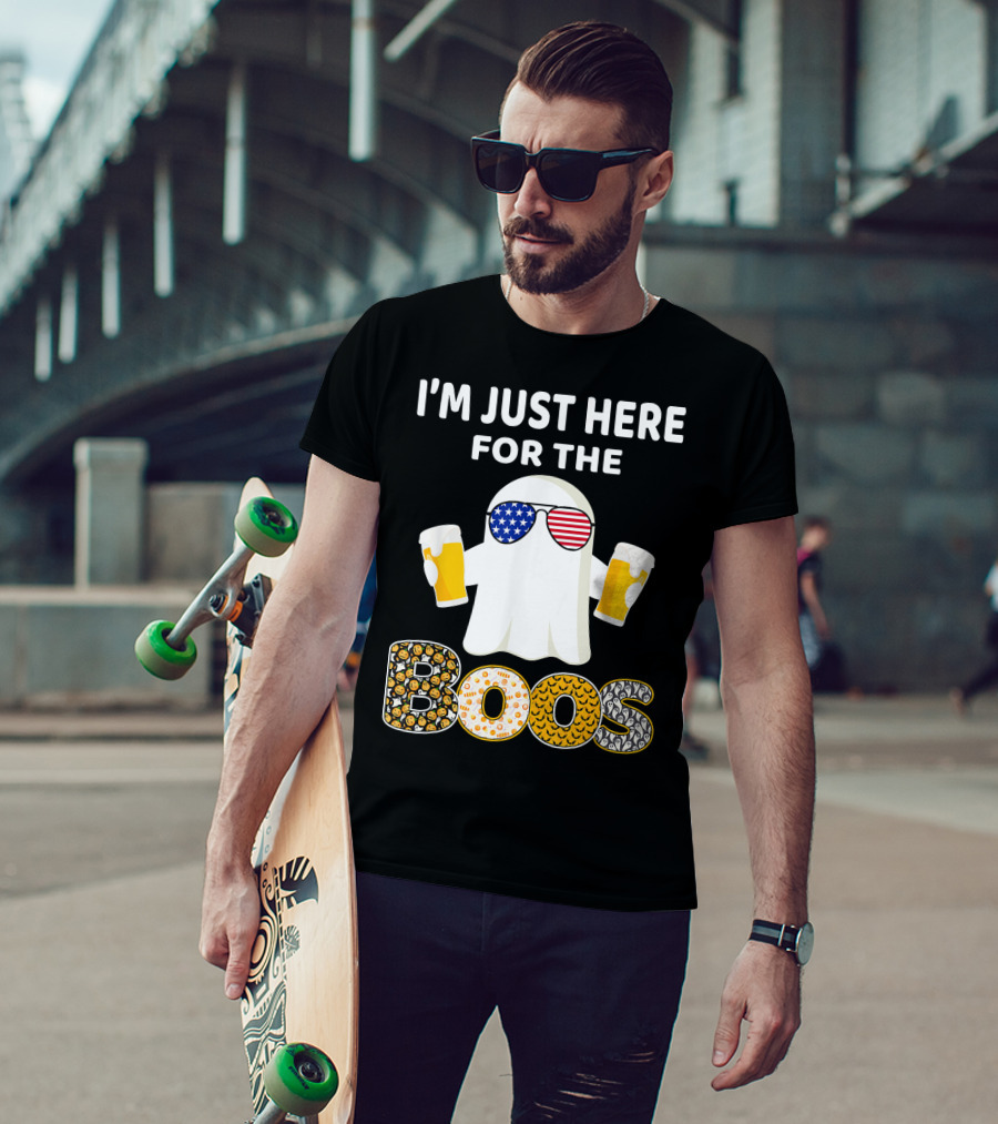 I'm Just Here For The Boos Ghost With American Flag Sunglasses And Beer T-Shirt
