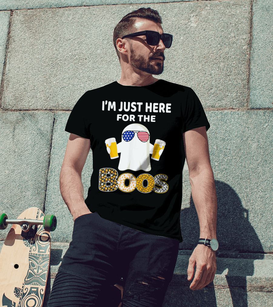 I'm Just Here For The Boos Ghost With American Flag Sunglasses And Beer T-Shirt