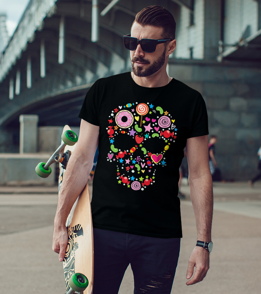 Candy Skull Día De Los Muertos Colorful Sweets And Stars T-Shirt