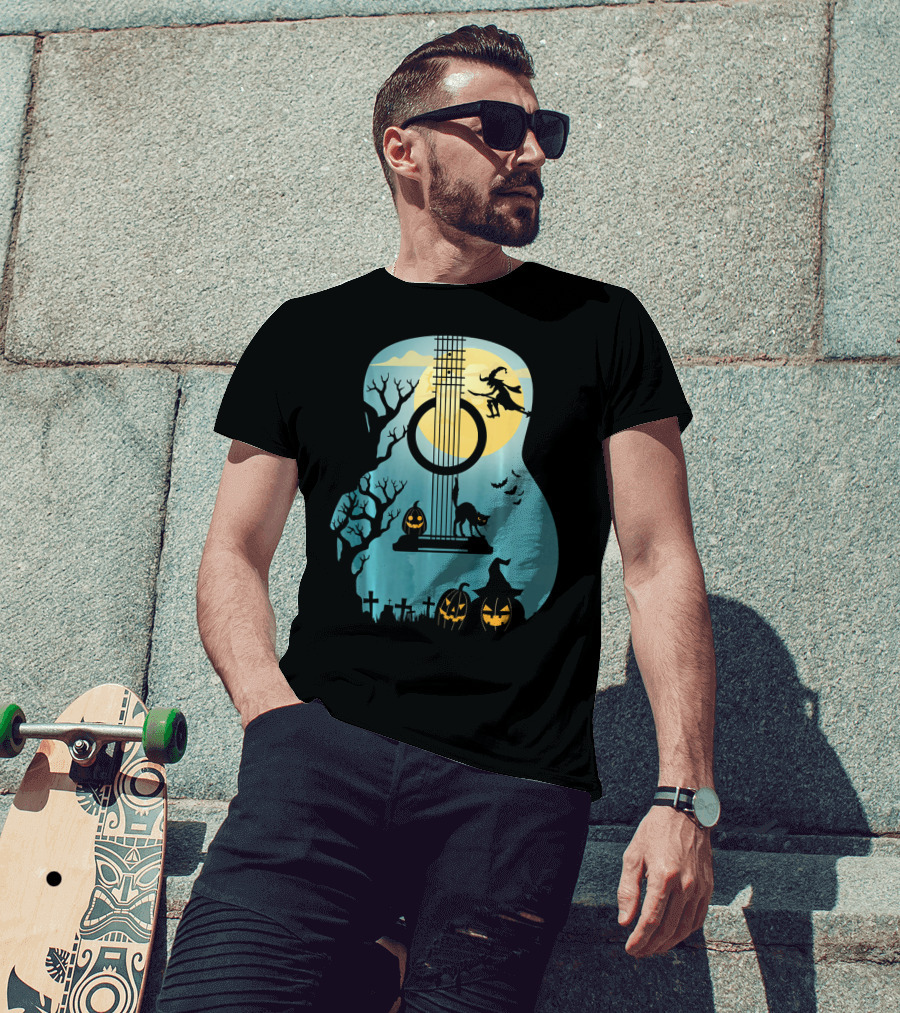Halloween Guitar Witch Cat Pumpkins And Bat Scene T-Shirt