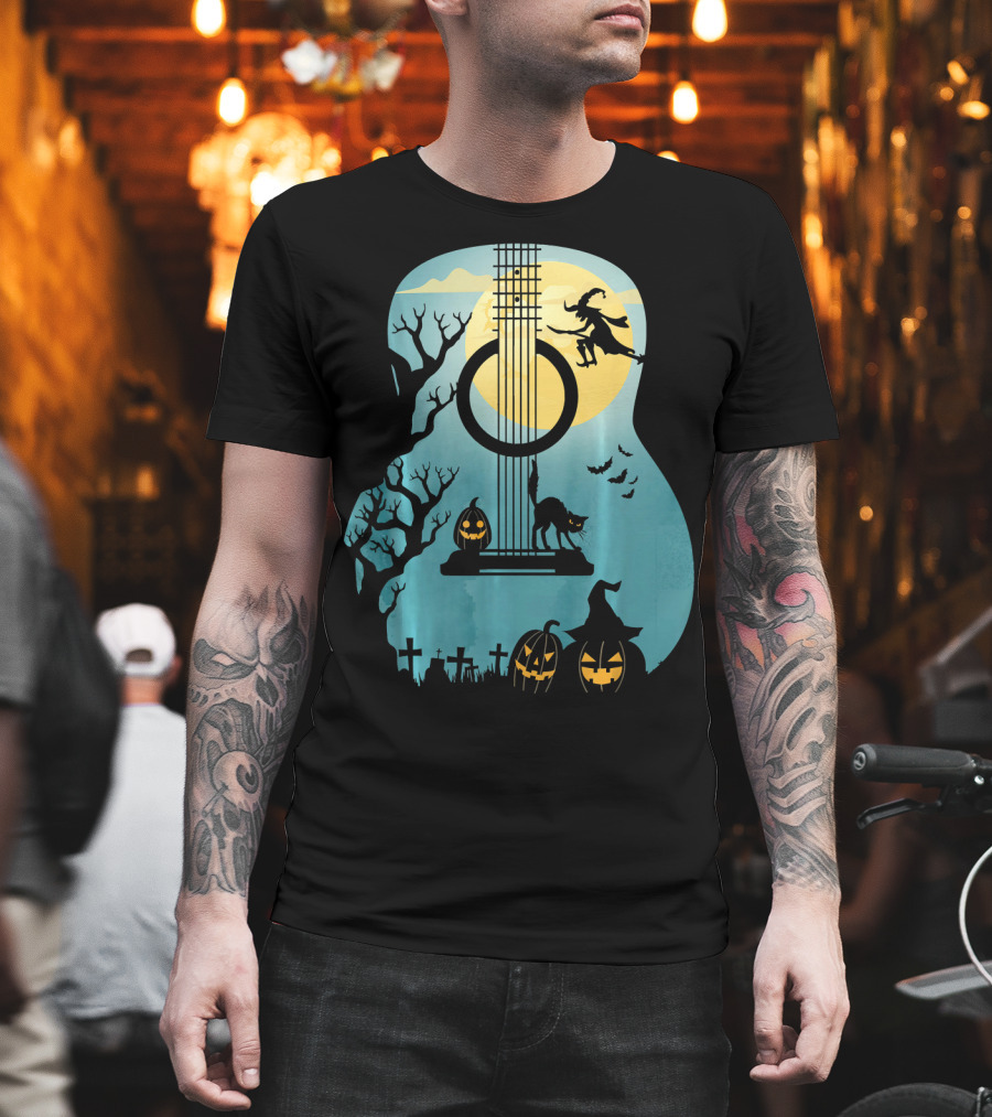 Halloween Guitar Witch Cat Pumpkins And Bat Scene T-Shirt