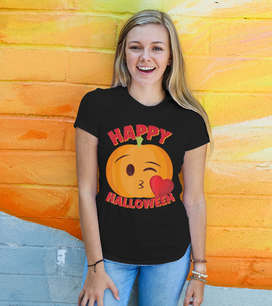 Happy Halloween Blowing Kiss Emoji Pumpkin T-Shirt