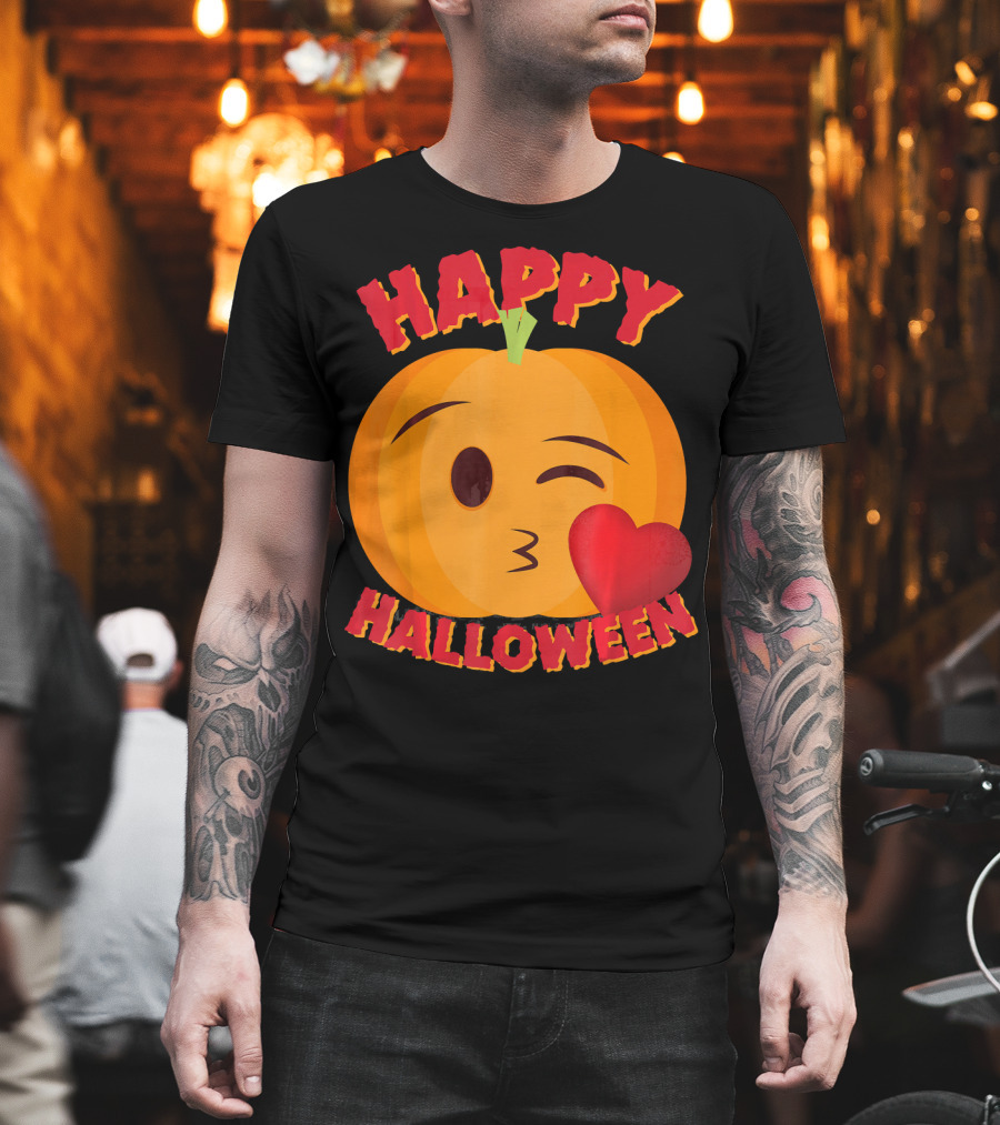 Happy Halloween Blowing Kiss Emoji Pumpkin T-Shirt