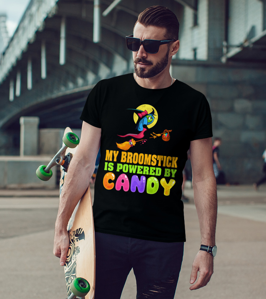 My Broomstick Is Powered By Candy With Witch And Moon Scene T-Shirt