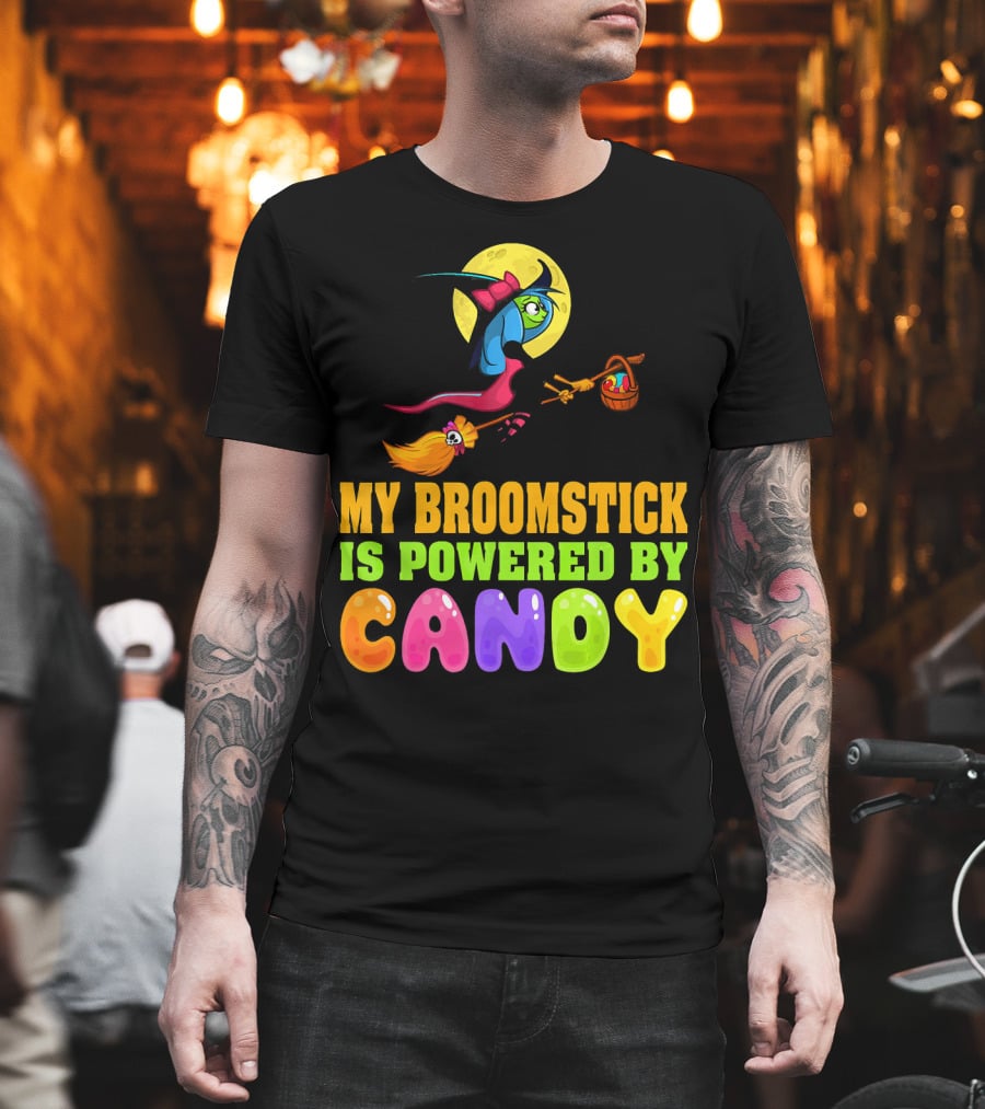My Broomstick is Powered By Candy with Witch and Moon Scene T-Shirt