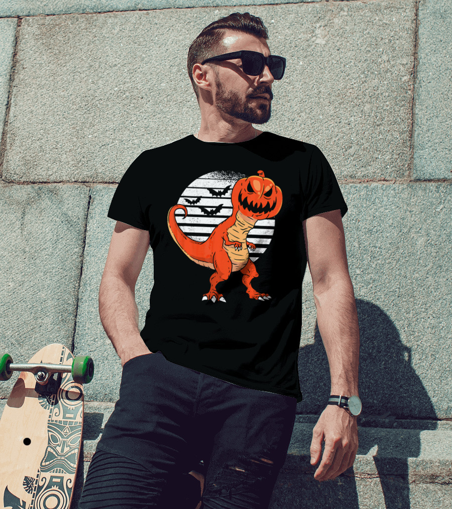 Funny Dinosaur Pumpkin Head Halloween With Bats T-Shirt