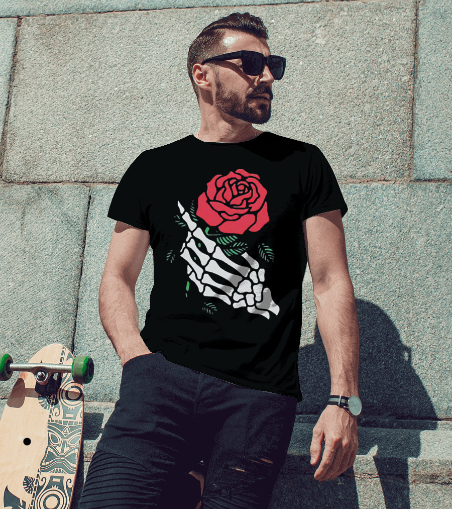 Rose White Skeleton Hand Holding Red Rose T-Shirt
