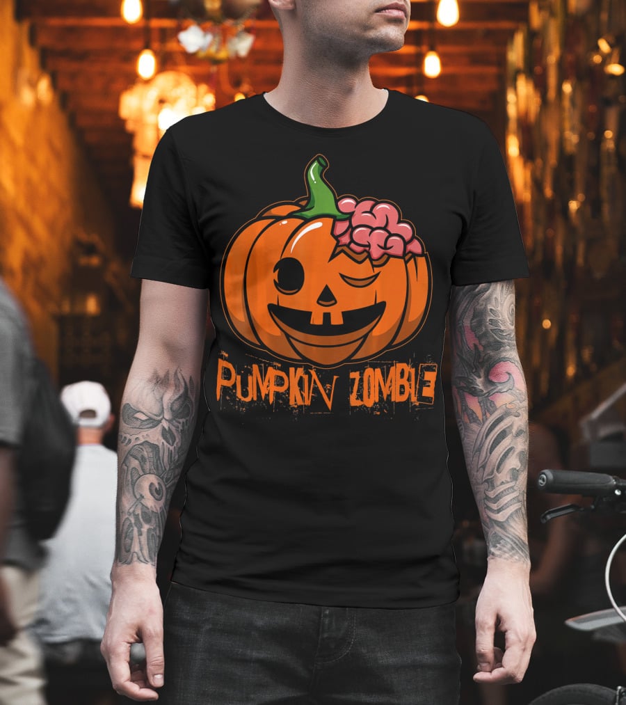Pumpkin Zombie Halloween Horror Winking Jack O'Lantern with Brain T-Shirt