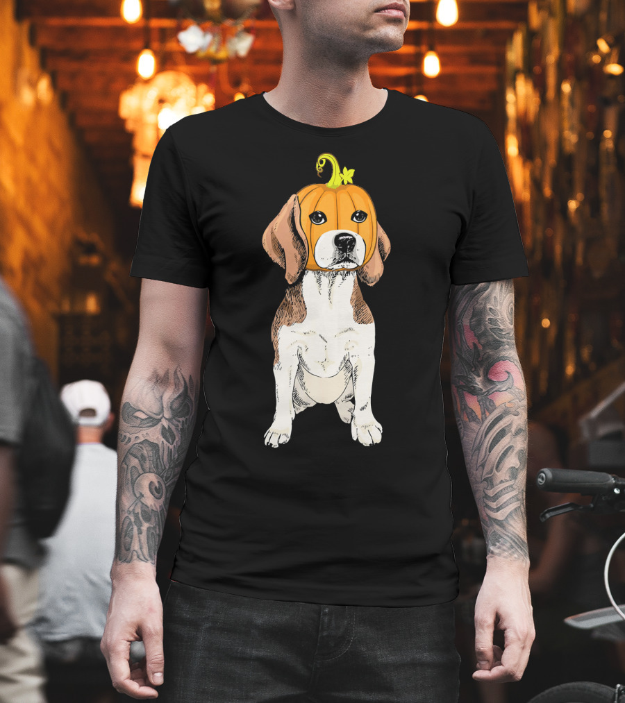 Beagle Wearing Pumpkin Face Funny Halloween Costume T-Shirt