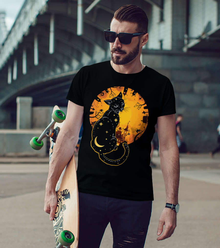 Halloween Black Cat With Stars And Moon In Haunted Landscape T-Shirt